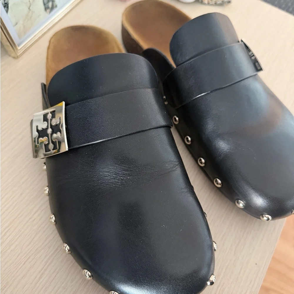 Tory Burch Black Leather Studded Mule Clogs with Silver Logo Accent - Picture 7 of 9